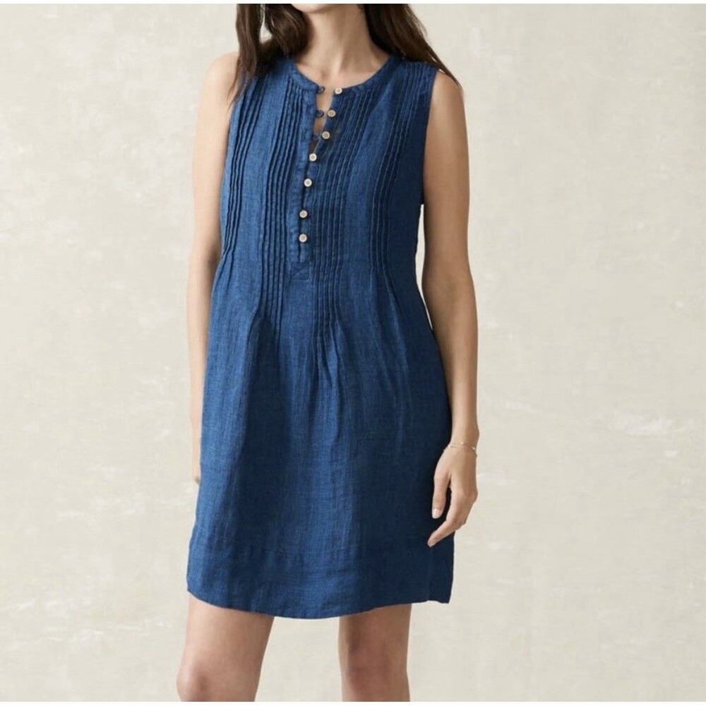 Faherty Women's Isha‎ Basketweave 100% Linen Dress Indigo Blue Size Large